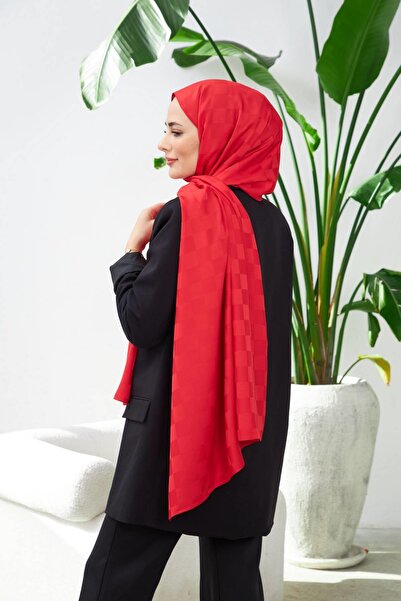İpekhan Ipekhan New Checkerboard Pattern Silky Jacquard Shawl Red 9007-10