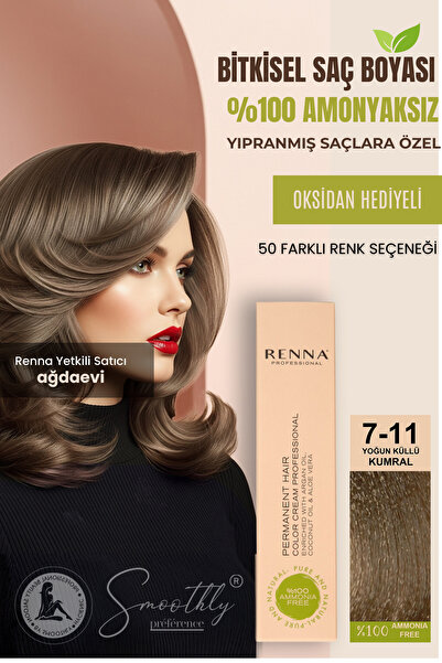 Renna AMONYAKSIZ Bitkisel Yıpranmış Saçlar İçin Saç Boyası 7-11 Yoğun Küllü K...