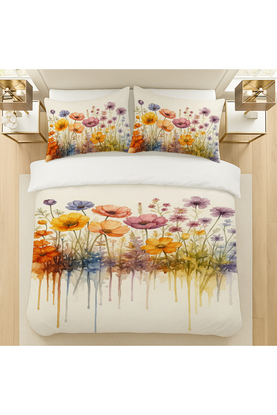 Else Dekor Σετ Παπλωματοθήκη Διπλό Σετ Παπλωματοθήκη 200x220cm με σχέδια ακουαρέλας λουλουδιών από βαμβακερό σατέν