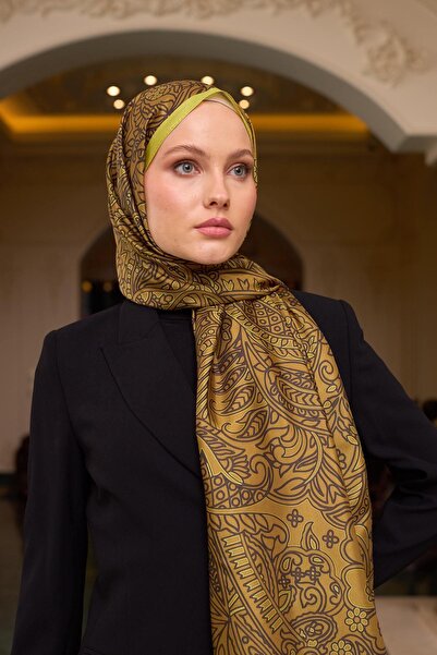 İpekhan Oil Green Patterned Voile Silk Shawl - 9803-30