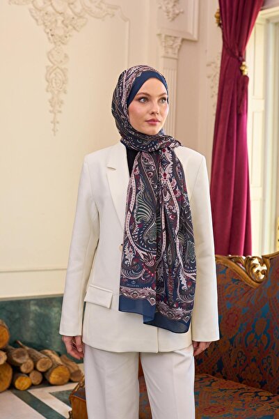 İpekhan Шовковий шаль з візерунком у темно-синьому та бордовому кольорах - 9804-09