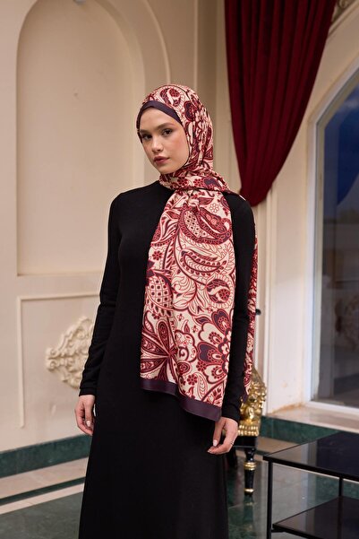 İpekhan Cream Red Patterned Silk Voile Shawl - 9803-10