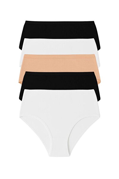LİBELLA İÇ GİYİM Women's Panties High Waist Plus Size 5 Pack Cotton Lycra - Black, White, Skin Colors