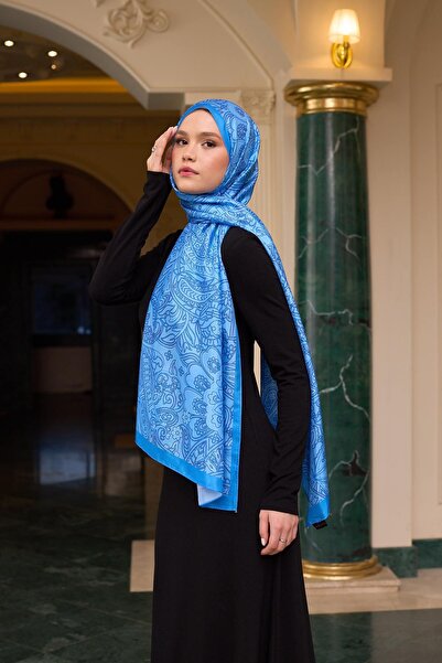 İpekhan Şal din voal cu model de mătase albastră - 9803-15