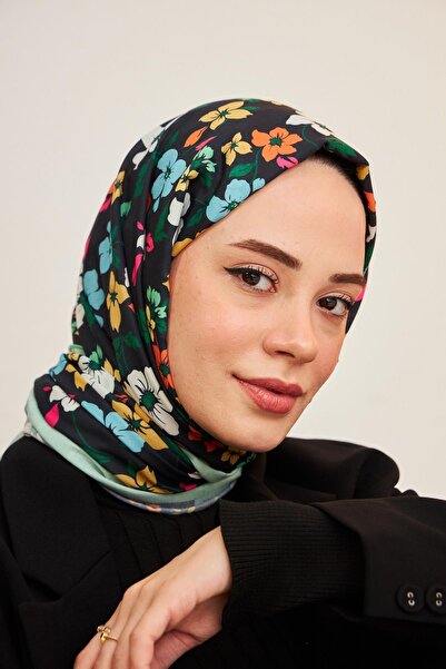 İpekhan Βαμβακερό σάλι Amelia με μοτίβο μαύρο τιρκουάζ - 3025-21