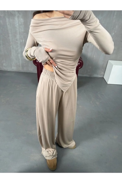 Lovely butik Women's Shoulder Detailled Side Slit Finger-Through Bluz Pant Takim