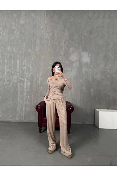 Lovely butik Women's Shoulder Detailled Side Slit Finger-Through Bluz Pant Takim