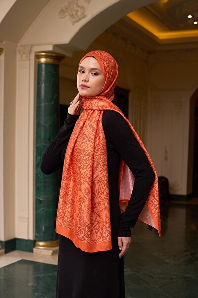 İpekhan Orange Silk Patterned Voile Shawl - 9803-29