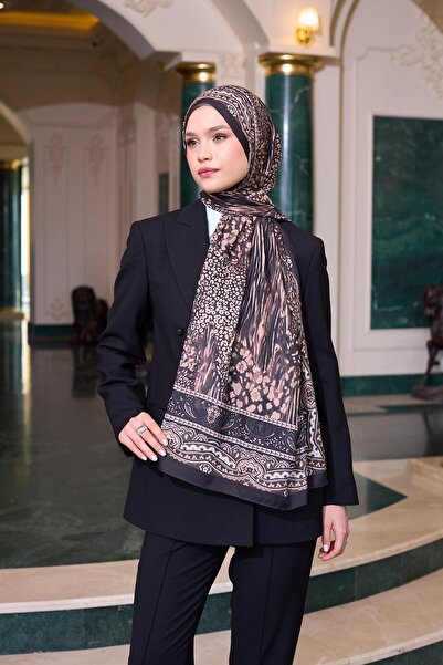 İpekhan Patterned Voile Shawl Bitter Brown Cream Voile Silk Shawl - 9802-08