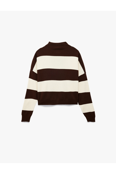 Koton Плетен пуловер с дълъг ръкав, полуцип и цветни блокове от вискозна смес