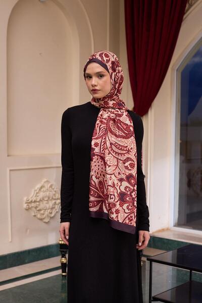 İpekhan Cream Red Patterned Silk Voile Shawl - 9803-10