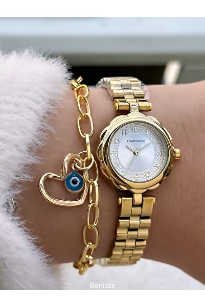 Chaperone ساعة يد نسائية، موديل باباتيا، سوار ستيل أصفر، ضمان سنتين، هدية سوار