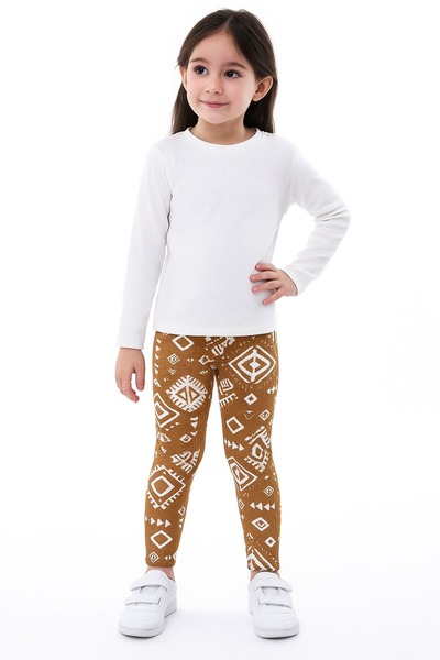 MEICA Kız Çocuk Etnik Desenli Hardal Sarısı Elastik Bel Günlük Pantolon