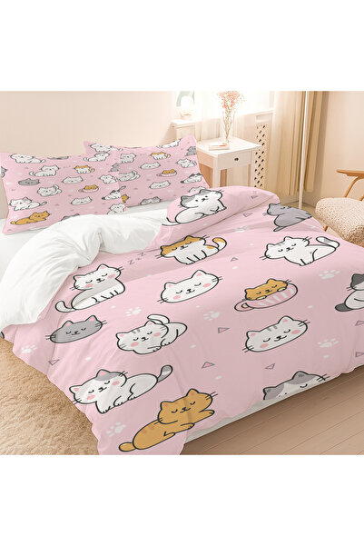 Else Dekor Розов комплект спално бельо с мотив на сладки котки, памучен сатен, 200x220 см
