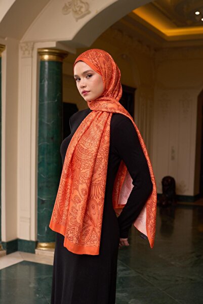 İpekhan Orange Silk Patterned Voile Shawl - 9803-29