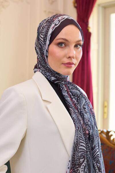 İpekhan Dark Plum Patterned Silk Voile Shawl - 9804-07