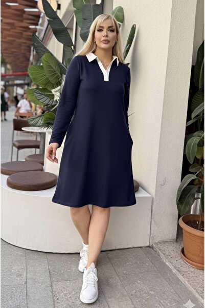 MODA Shirt Collar Hidden Pocket Detail Lycra Crystal Two Threads Plus Size Women's Dress