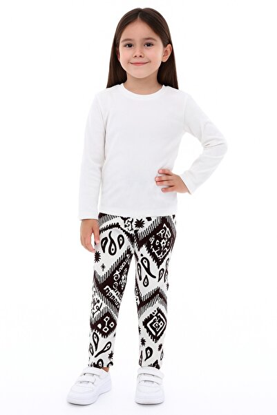MEICA Kız Çocuk Etnik Desenli Beyaz Elastik Bel Bürümcük Pantolon