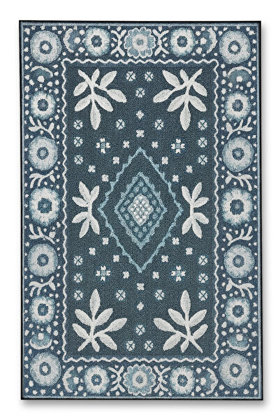 Rugs Modern Halı Mosso Navy Blue Themed Floral and Motif Patterned Woven Base...