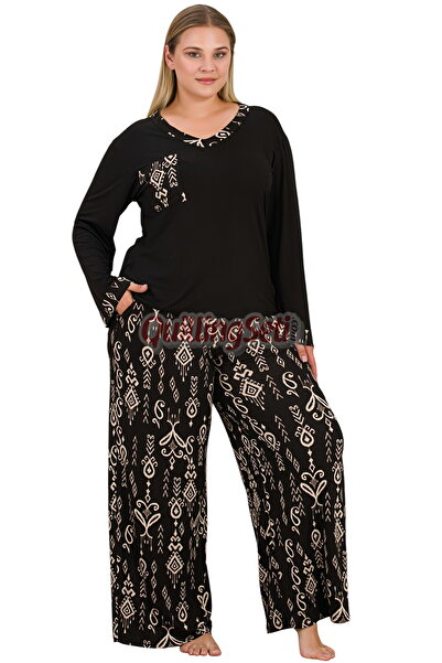 quilling 11430 Women's Long Sleeve Plus Size Mom Pajama Set with Black Color and Ethnic Pattern