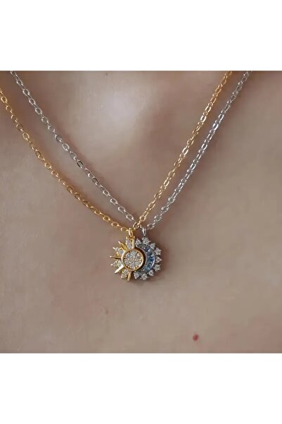 GlassySKY Şık Çift Tonlu Güneş ve Ay Kolye, Doğumgünü Hediyelik