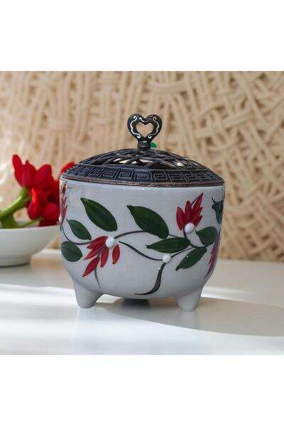 İlbay Çini Takı Ayşen Sugar Bowl with Ceramic Metal Lid Red Grape Vine