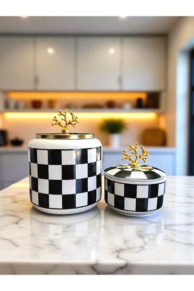 ferayhome إكسسوار مطبخ، علبة بيضاوية سوداء مربعة النقش، علبة سوداء مربعة النقش ذهبية اللون، عبوتان