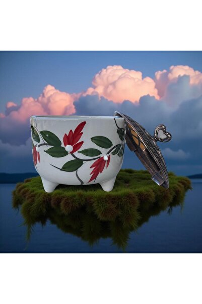 İlbay Çini Takı Ayşen Sugar Bowl with Ceramic Metal Lid Red Grape Vine