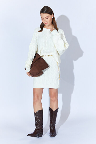 Manche Örgülü Triko Etek-Kazak Kadın Takım - Kemik | MKW185256-01