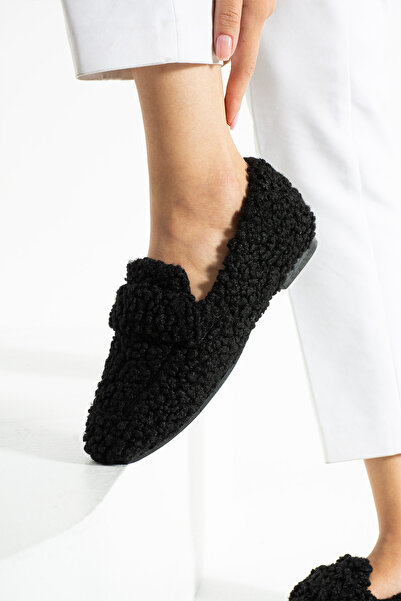 Mode Cool Kadın Loafer Peluş Astarlı Oval Burunlu Alçak Desenli Tabanlı Ayakkabı