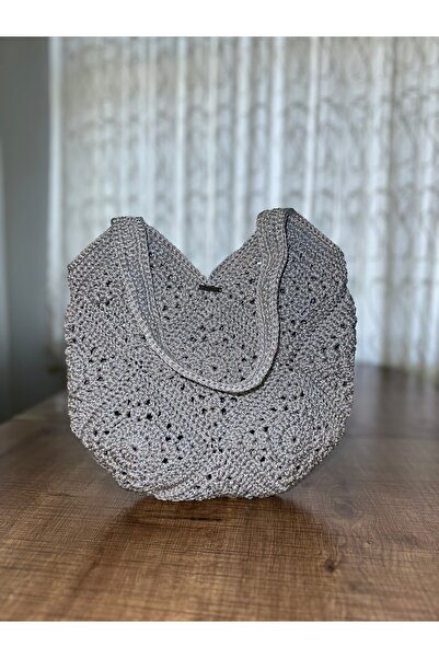 RELYA Women's Silver Motif Strap Glitter Hand-Knitted Shoulder Bag Width 31 cm Length 28 cm Depth 2 cm