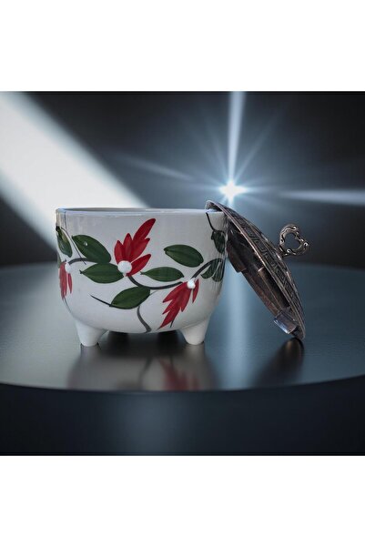 İlbay Çini Takı Ayşen Sugar Bowl with Ceramic Metal Lid Red Grape Vine