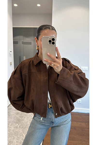 Oversıze Kadın Süet Ceket Trend Bomber Süet Ceket