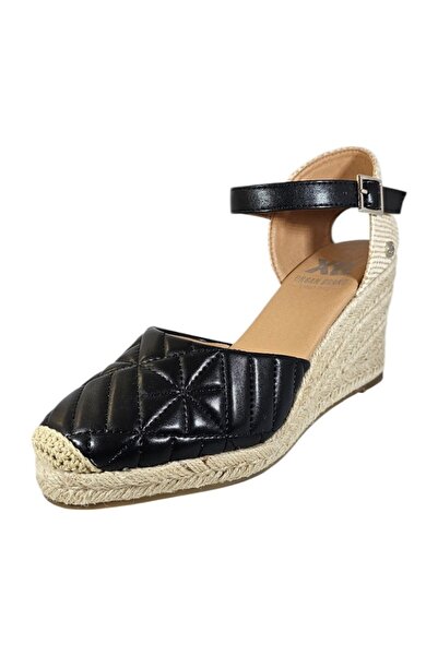 XTI Urban Women's Espadrille Shoes Vegan Leather Black, Stitch Quilt, Wedge Heel 9 cm, Size 41