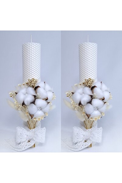 OEM Lumânări de nuntă din ceară, decorate cu bumbac și flori conservate/uscate, H35/D5 cm,