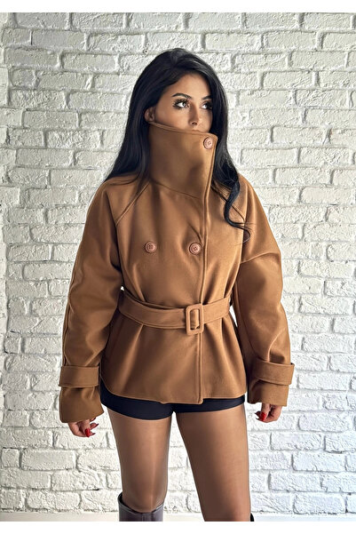 moneta boutique Γυναικείο παλτό με ψηλό γιακά και κοντή ζώνη από κασμίρ