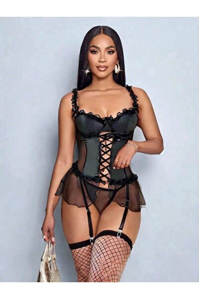 qp She Black Transparent Lace-Up Garter Detailed Fancy Lingerie Set