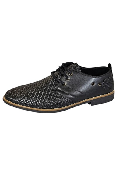 Vadodara Men's Derby Style Shoes, Black Leather, Laser Cut Woven, Rubber Sole, Size 42