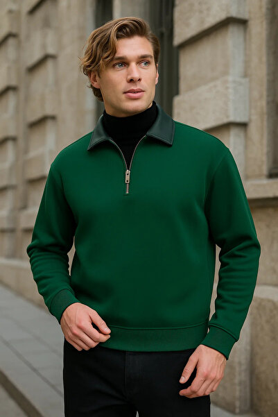 COMBİNE MİCHAİL Men's Basic Khaki Half-Zip Sweatshirt