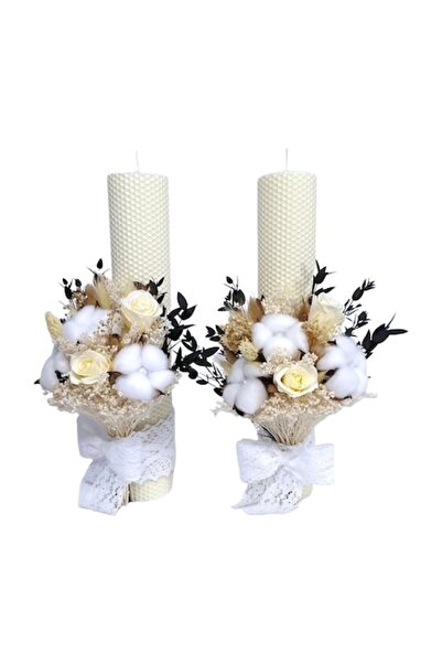 OEM Set lumânări pentru nuntă realizate din ceară, decorate cu trandafiri conservați si flori de bumbac