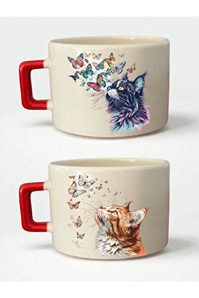 lili hediyelik Cat and Butterfly 2-Piece Cup Set - Christmas Gift for a Friend, Gift for a Lawyer, Gifts to Give to Mothers