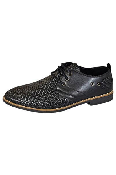 Vadodara Men's Derby Style Shoes, Black Leather, Laser Cut Woven, Rubber Sole, Size 42