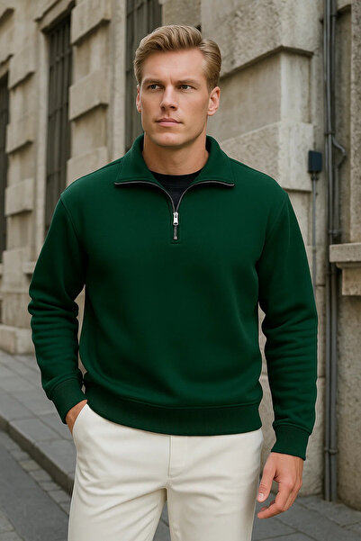 COMBİNE MİCHAİL Men's Basic Khaki Half-Zip Sweatshirt