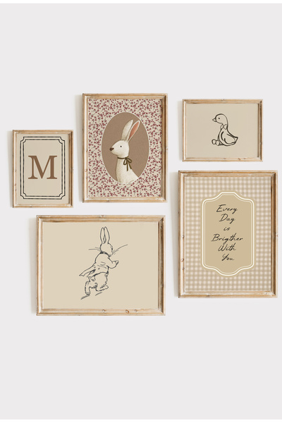 Genel Markalar Vintage Tavşan Krem rengi temalı 5li Çerçeveli Set