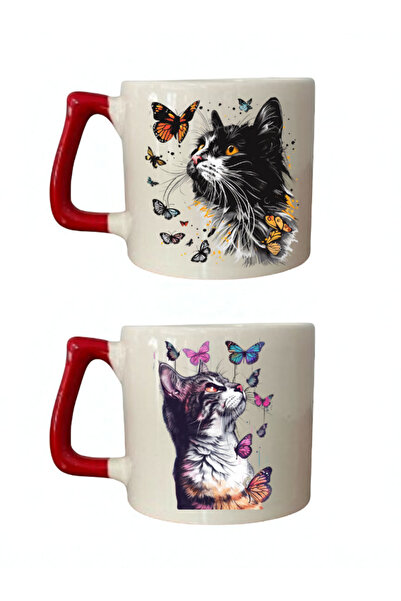 lili hediyelik Cat and Butterfly 2-Piece Mug - New Year's Gift for Men, Men's Valentine's Day Gift, Best Gift