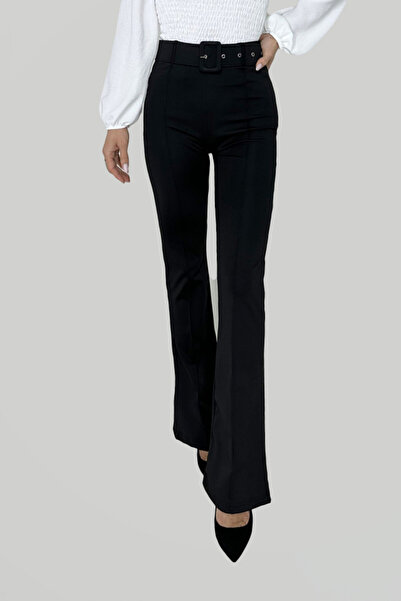 FashionForYou Pantaloni eleganti, Matty, cu dunga, evazati si curea asortata,...