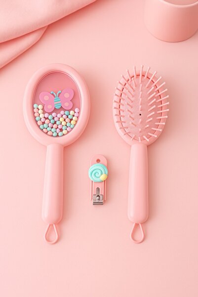 CHANCE GİFT مشط لطيف للفتيات باللون الوردي مع رمز تعبيري لطيف، مقص أظافر مع م...