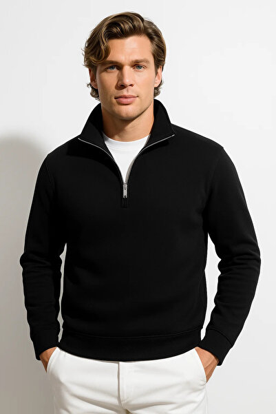 COMBİNE MİCHAİL سويت شيرت أساسي أسود للرجال بسحاب نصفي