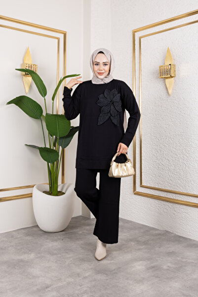 Elif Artar Güllü siyah Merserize soğuk iplik triko takımı