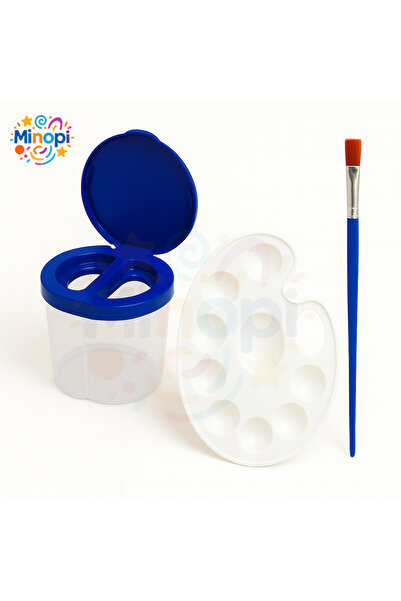 Minopi Sulu Boya Seti 3'lü Set ( Lacivert Su Kabı + Resim Paleti + Fırça ) Anaokulu Resim Malzemesi Kreş